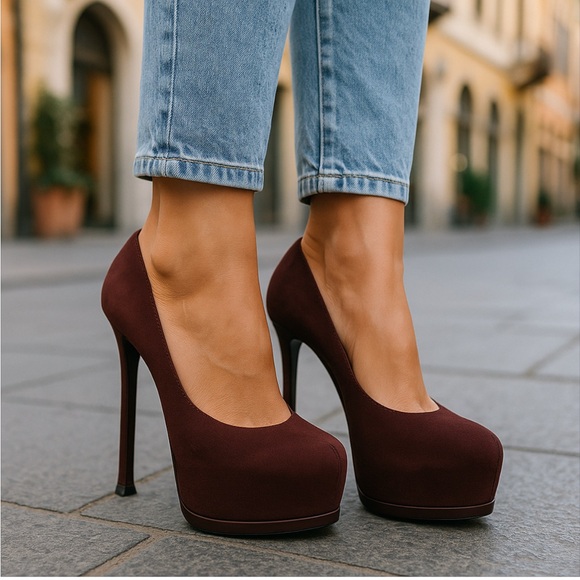 YSL Burgundy Pebbled Leather Platform Heels - Picture 1 of 13